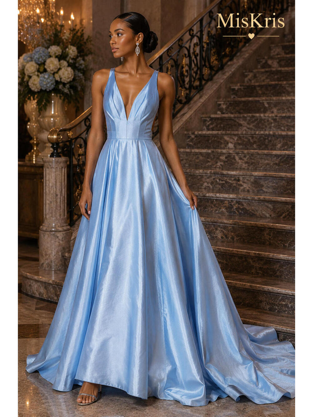 Sherri Hill 52923 Light Blue Satin Open Back Ball Gown Formal Dress Size 8 NWT